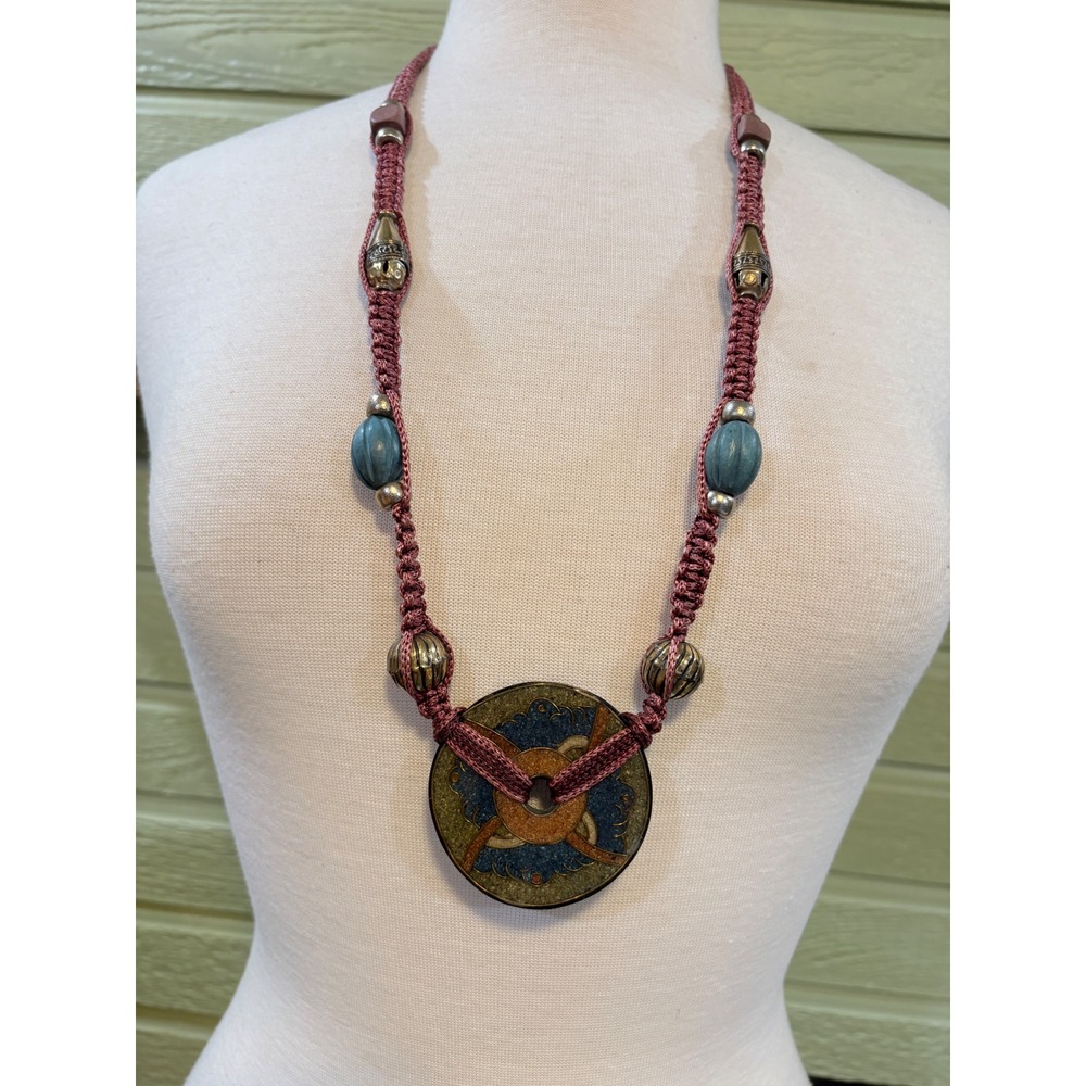 Bohemian Macrame Cloisonne‎ Enamel Pendant Necklace Mauve Cord Mixed Beads